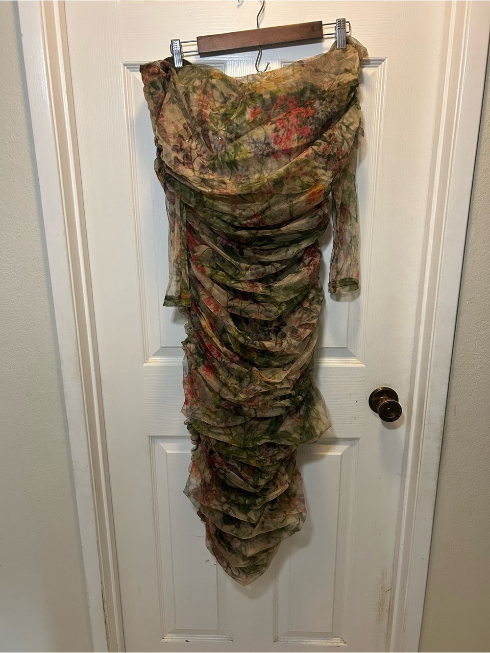 Alieva Ruched Mesh Corset Midi Dress Off Shoulder Floral Abstract Print Size L